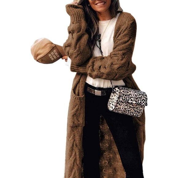 Sweaters - Women's Cable Knit Long Cardigan Acrylic Open Front Pockets Casual Sweater